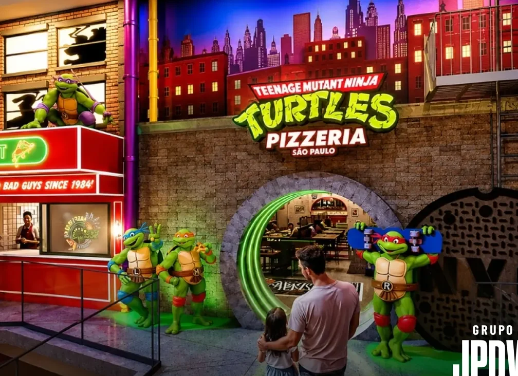 Ambientação da pizzaria oficial das Tartarugas Ninja
