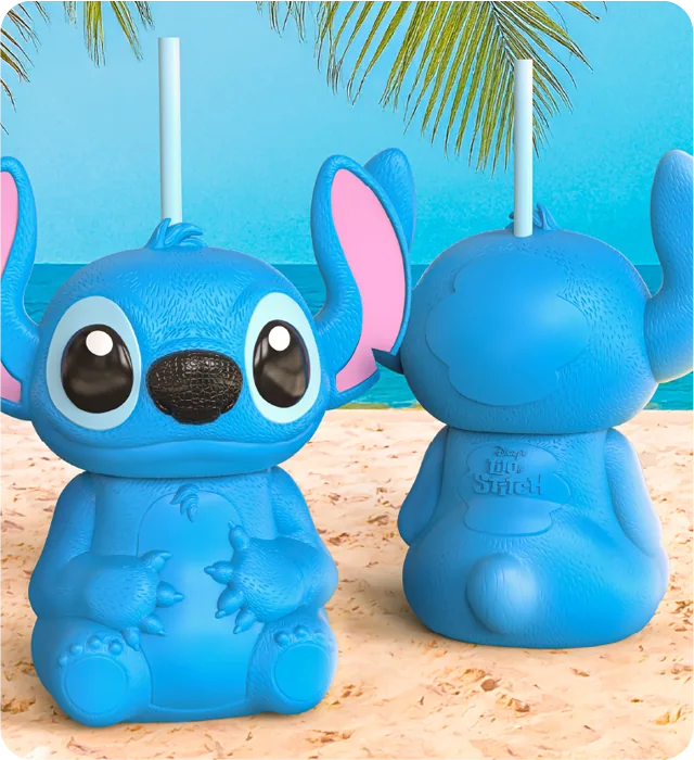Copos azuis em formato do Stitch, com canudo